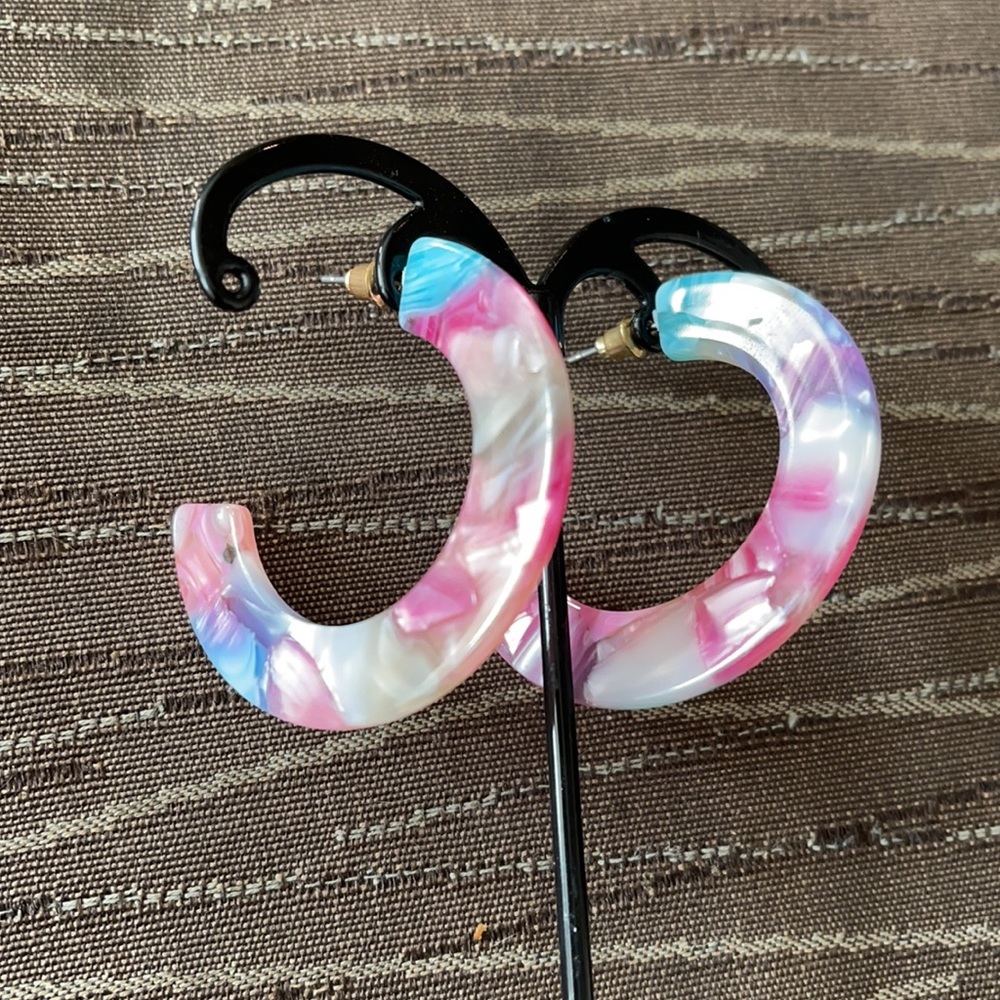 Pink/White/Aqua/Purple Watercolor Epoxy Earrings - Picture 2 of 7
